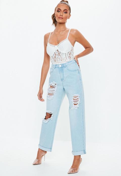 Blue High Rise Distressed Boyfriend Jeans