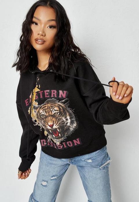 Petite Black Tiger Graphic Oversized Hoodie, Black