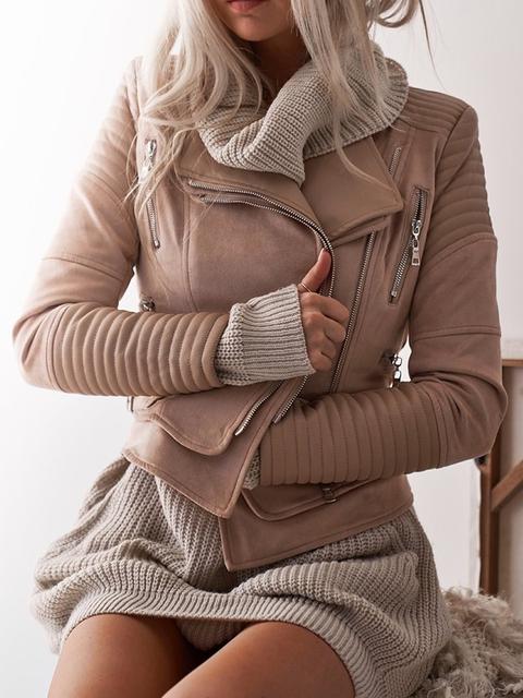 Beige Double-deck Zipper Pockets Fashion Coat