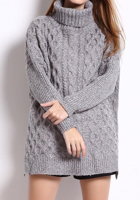 Maglione Pianura Irregolare Lana Moda Collo Alto Grigio