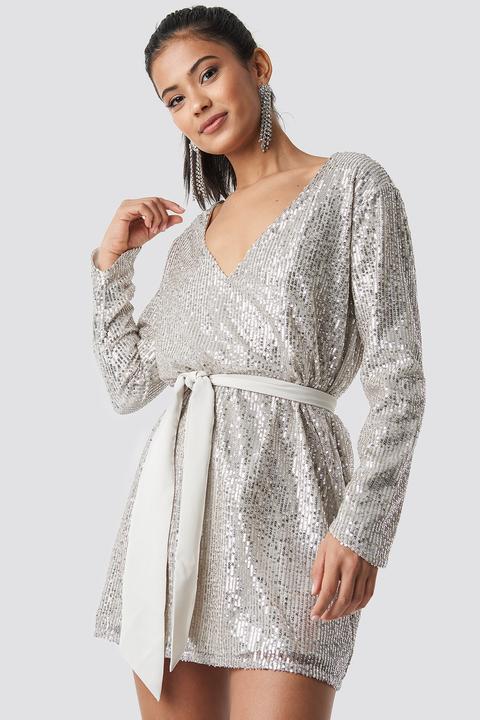 Hannalicious X Na-kd Oversized Tied Waist Sequin Dress - Silver