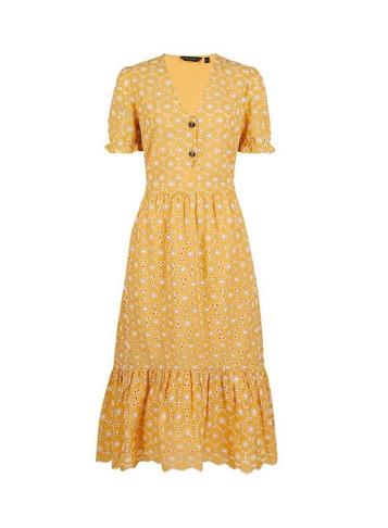 Womens Yellow Tiered Broderie Skater Dress- Ochre, Ochre