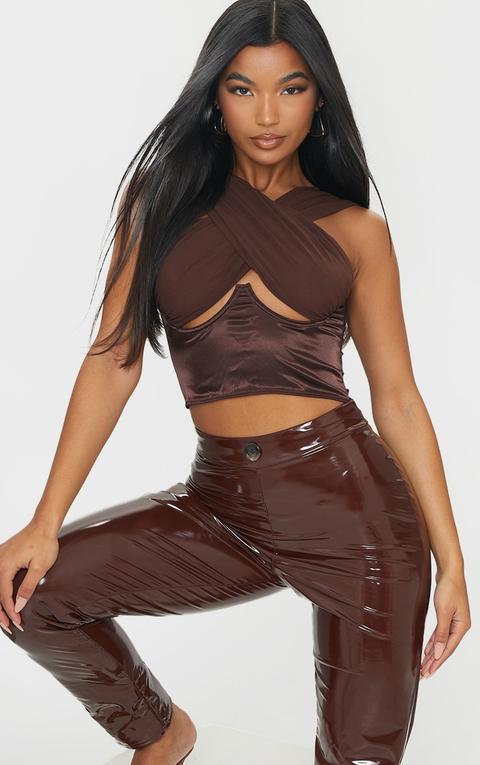 Brown Satin Underbust Halterneck Chiffon Strap Corset