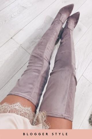 Khloe Lilac Suede Pointed Toe Over The Knee Boots