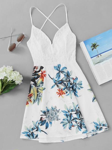 Vestito Stampato Tropicale Da Stampa Crisp Cross Back Pane