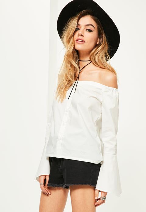 Petite White Trumpet Sleeve Button Up Blouse