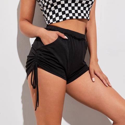 Ruched Drawstring Side Solid Shorts