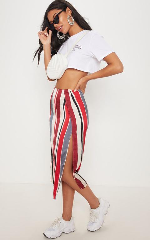 Red Satin Stripe Midi Skirt