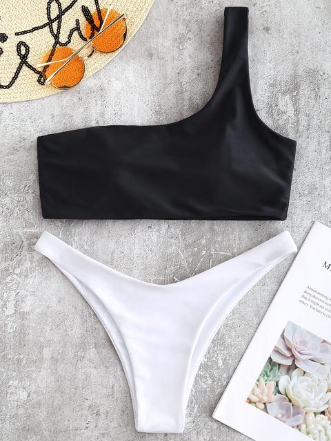 Bikini Bicolore A Monospalla Black