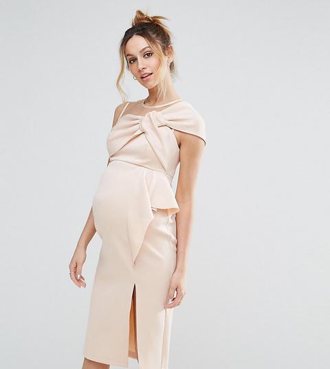 Vestido Midi De Tubo Con Lazo En La Parte Delantera Y Detalle De Malla De Asos Maternity