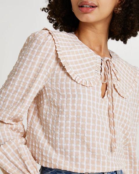Beige Check Print Collar Blouse Top
