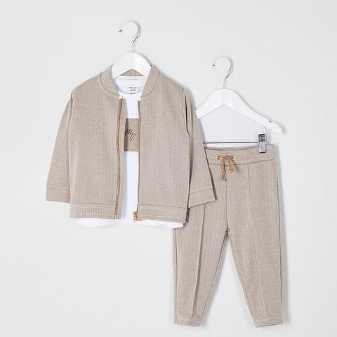 Mini Boys Stone Herringbone 3 Piece Outfit