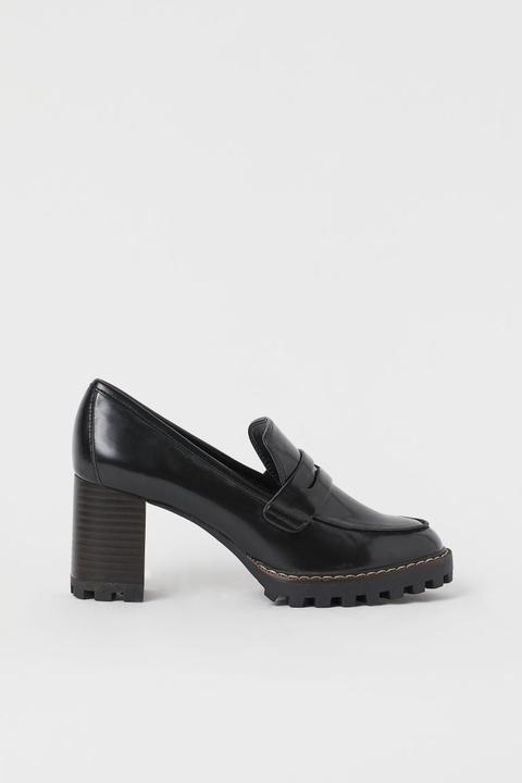 Mocasines Con Tacón Cuadrado - Negro