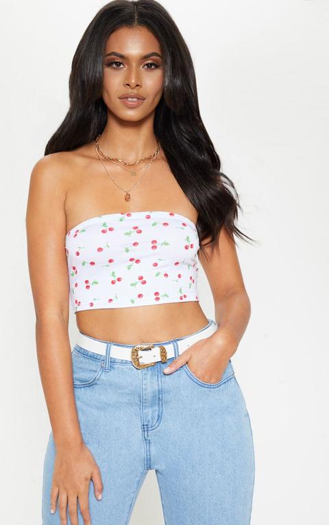 White Cherry Printed Bandeau Crop Top