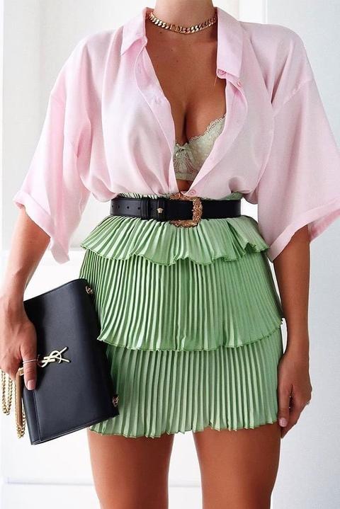 Sage Plisse Tiered Mini Skirt