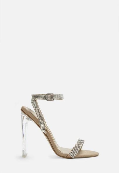 Nude Suede Diamante Clear Barely There Heels, Nude