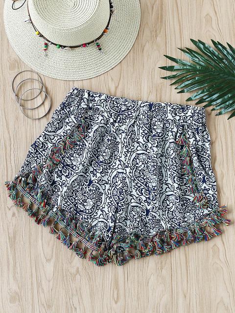 Porcelain Print Random Tassel Trim Shorts