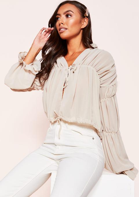 Matilda Beige Tie Sheer Ruched Blouse