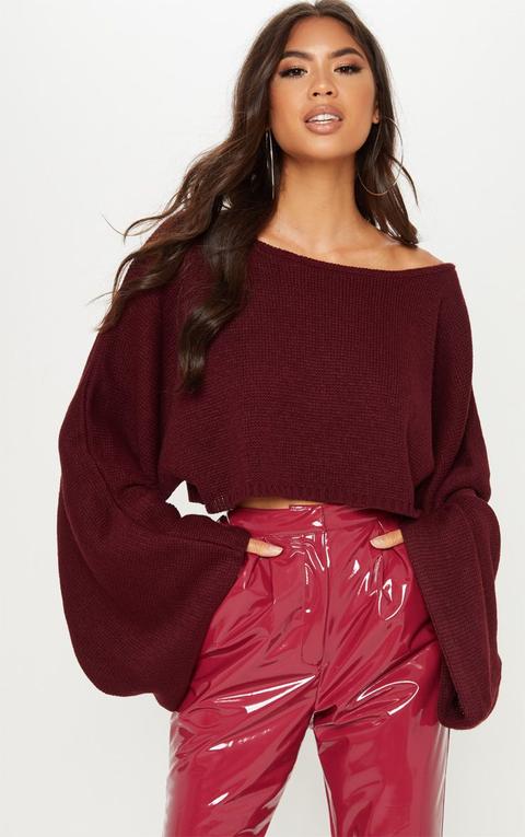 Burgundy Knitted Wide Sleeve Sweater