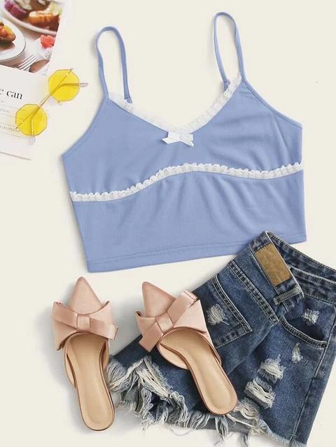 Lace Trim Crop Blue Cami