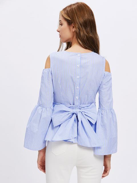 Open Shoulder Fluted Sleeve Button Bow Back Blouse