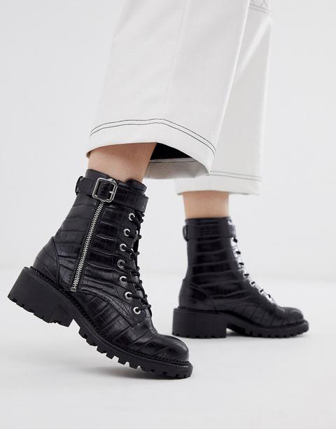 Asos Design Anya Hardware Lace Up Ankle Boots In Black Croc