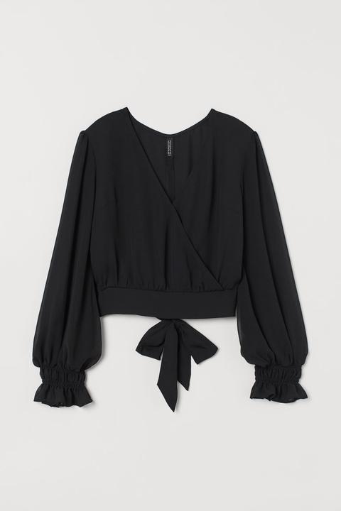 Blusa Cruzada Con Escote En V - Negro