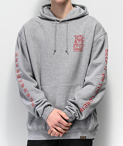 grey and red hoodie