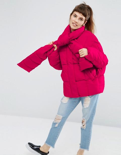 Asos Statement Puffer Jacket With Tie Neck - Pink