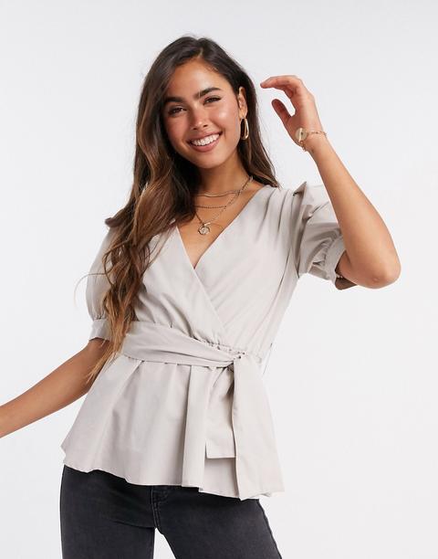 Asos Design Short Puff Sleeve Wrap Top In Stone-neutral