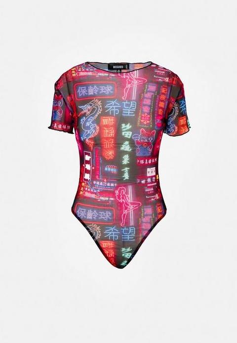 Multi Neon Lights Printed Mesh Bodysuit