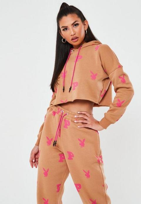 Playboy X Missguided Camel All Over Print Cropped Hoodie, Camel