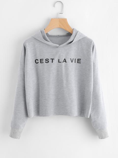 Slogan Print Raw Hem Crop Marled Hoodie