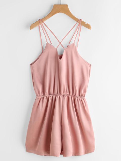 Strap Detail Elastic Waist Satin Romper