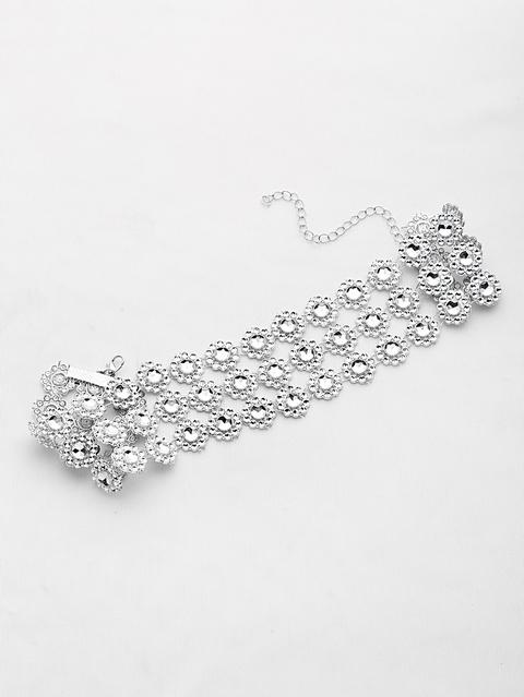 Particolare Del Rhinestone Flower Choker Stratificato