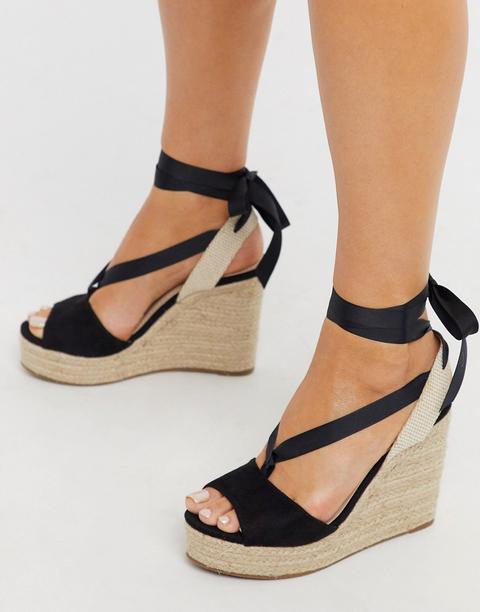 Sandalias Con Cuña De Esparto Anudadas Al Tobillo En Negro De Glamorous