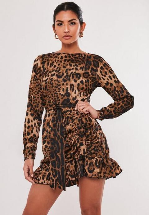 Brown Leopard Print Ruched Side Tea Dress, Brown
