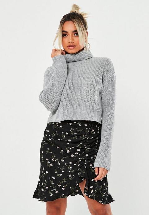 Tall Grey Roll Neck Cropped Jumper, Grey