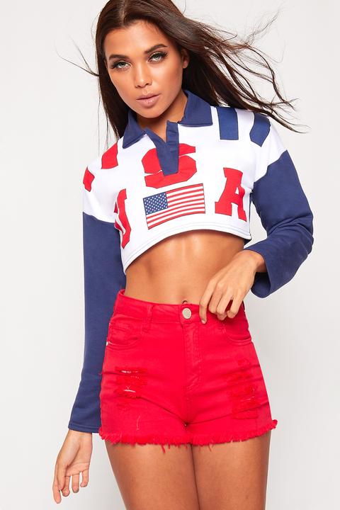 Keira Usa Flag Long Sleeve Cropped Rugby Top - Blue