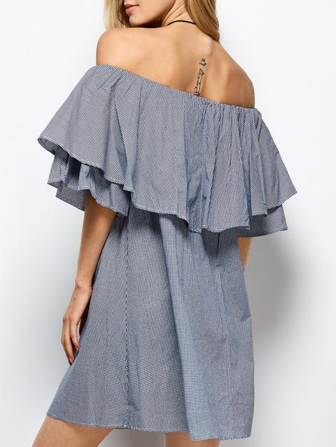 Checked Off The Shoulder Ruffle Dress