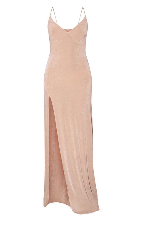 champagne strappy thigh split maxi dress