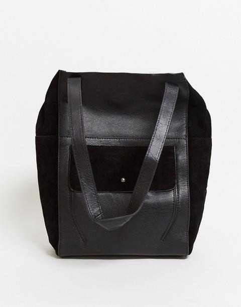 Bolso Tote Negro De Cuero Con Bolsillo De Ante De Urbancode