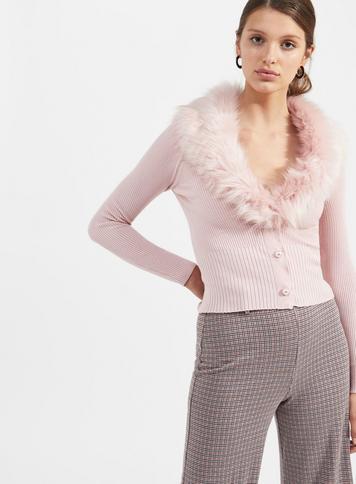 Womens Pink Faux Fur Trim Cardigan, Nude