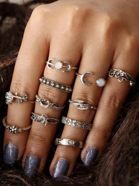 Conjunto De 11 Anillos Con Diseños De Flores Y Hojas