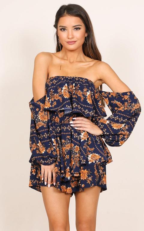 Sunset Dreams Playsuit In Navy Print