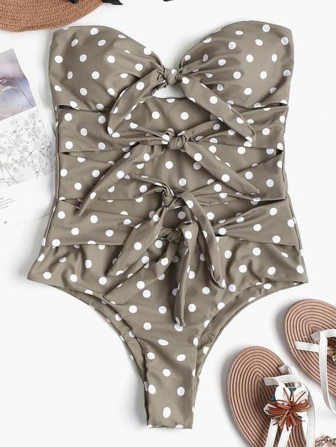 Costume Da Bagno Annodato A Pois Con Taglio Alto