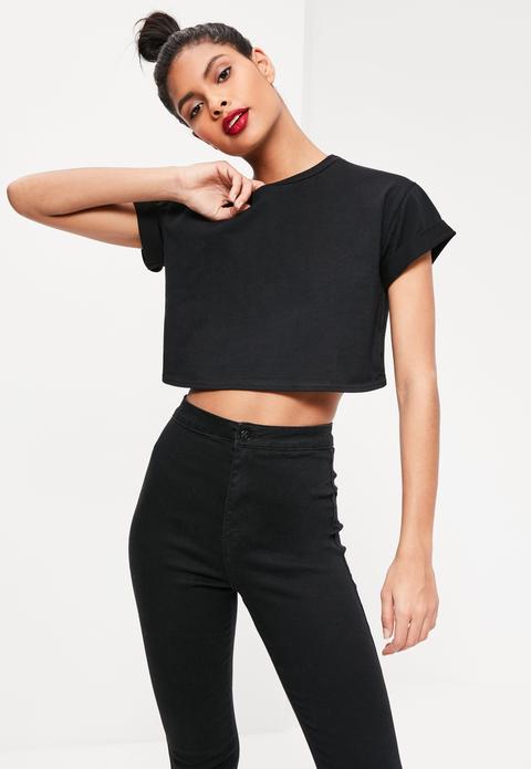 Roll Sleeve Cotton Crop Top Black