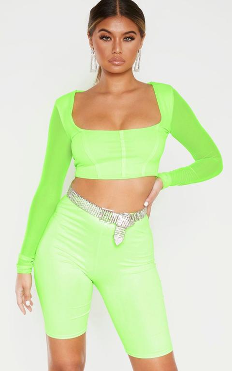 Neon Lime Mesh Binding Detail Crop Top