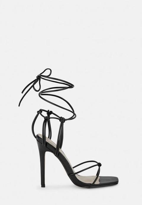 Black Square Toe Strappy Knot Heels, Black