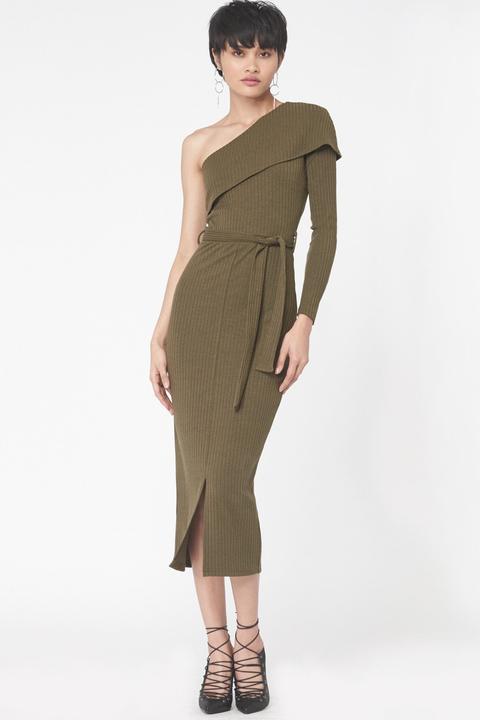 One Shoulder Rib Knit Midi Dress In Khaki